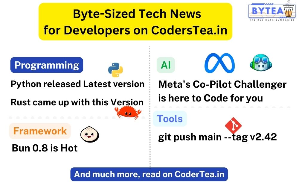 Rust version 1.72, Python 3.11.5,  Bun v0.8.0, AI Code Generator from Meta, new Git version, and much more in today's tech news summary.